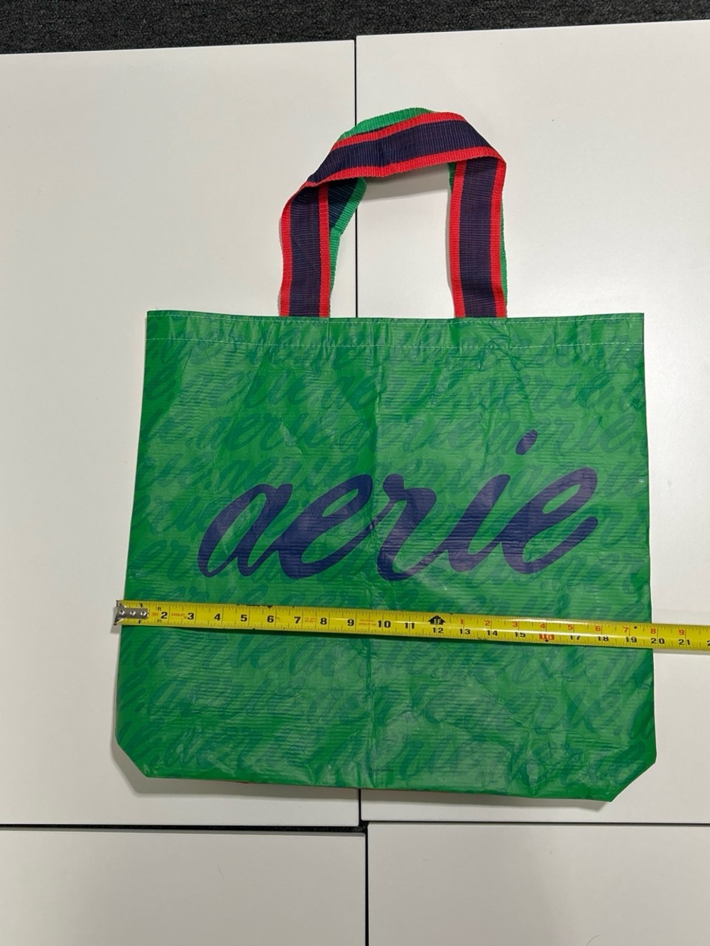 aerie Green Tote with Navy Script Logo and Red-Navy-Green Striped Handles